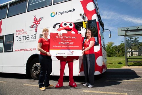 Two members of staff holding a giant cheque in front of a bus